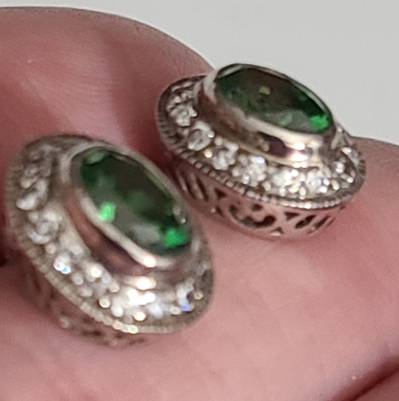 925 sterling green tourmaline diamonds earrings vintage sparkly - Picture 4 of 11